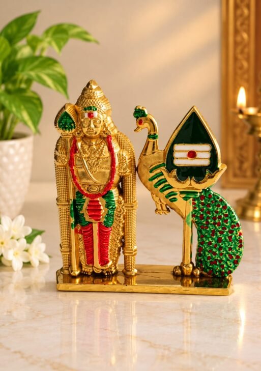 METAL MURUGAN WITH PEACOCK VEL STATUE