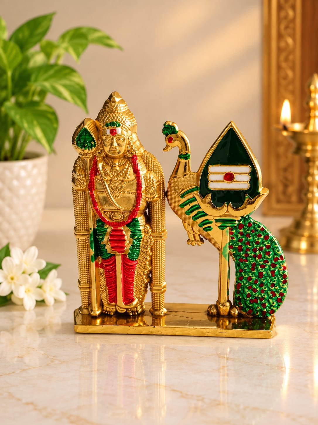 METAL MURUGAN WITH PEACOCK VEL STATUE