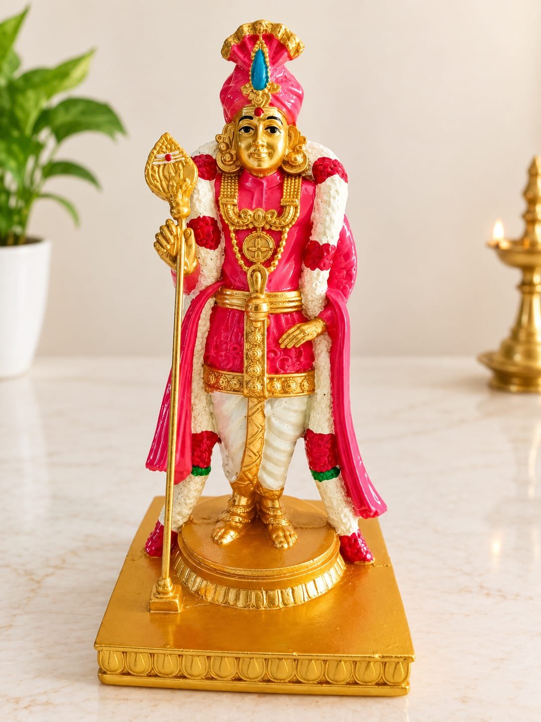 STONE LARGE PINK COLOUR MURUGAN STATUE