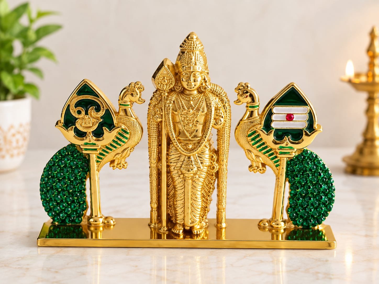 METAL MURUGAN WITH DOUBLE PEACOCK STATUE