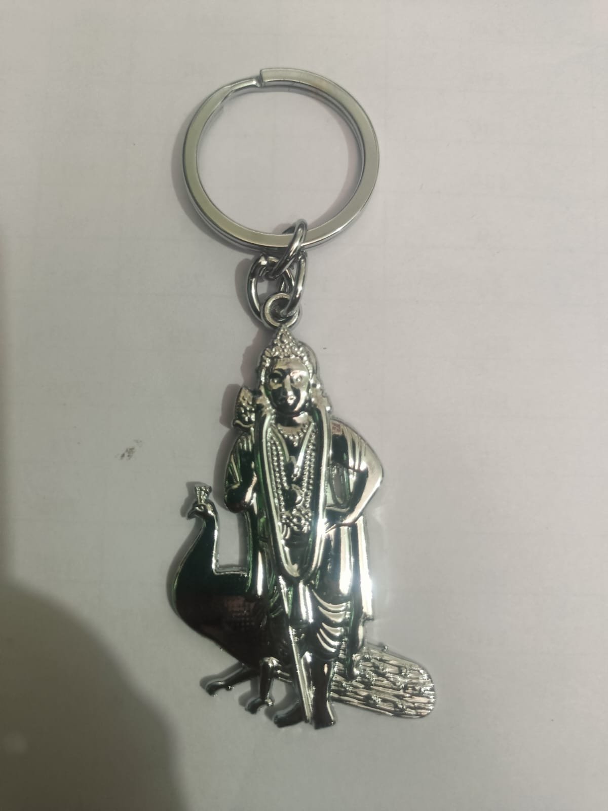 SILVER METAL MURUGAN WITH PEACOCK KEYCHAIN