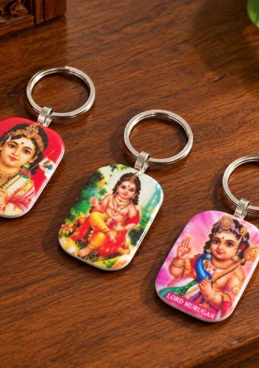 BAMBOO WOODEN MURUGAN COLOUR PHOTO KEYCHAIN