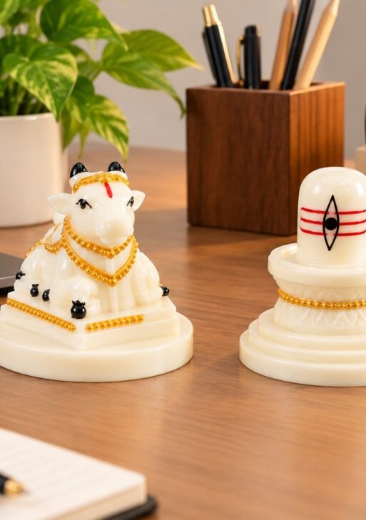 WHITE MARBLE STONE WITH SIVAN NANDHI STATUE