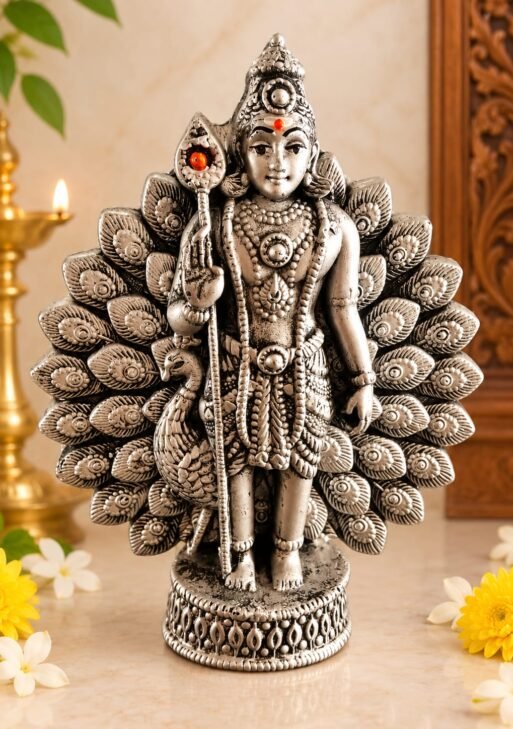 SILVER STONE MURUGAN WITH BACK PEACOCK STATUE